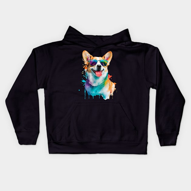 Rainbow Corgi in Sunglasses Funny Corgi Dog Lovers Kids Hoodie by Ai Wanderer